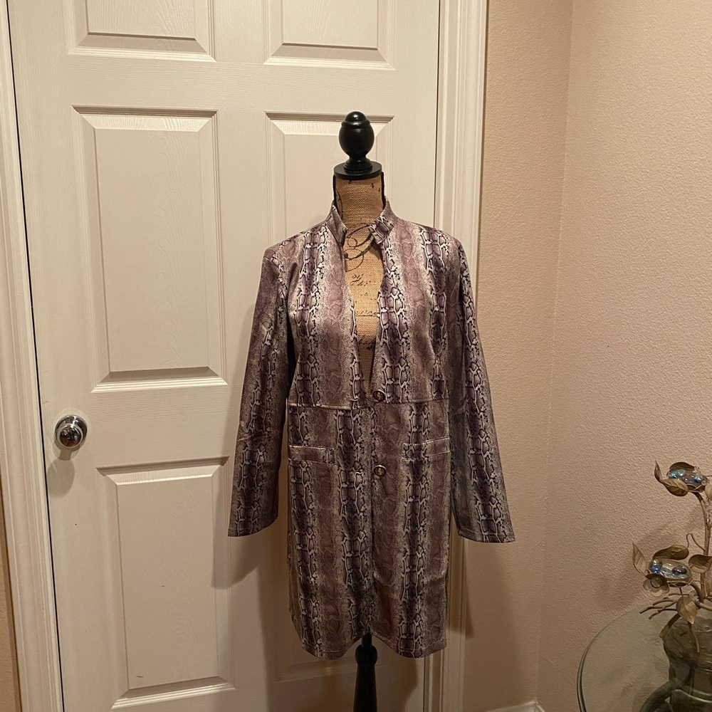 Suede snakeskin print pocket coat.